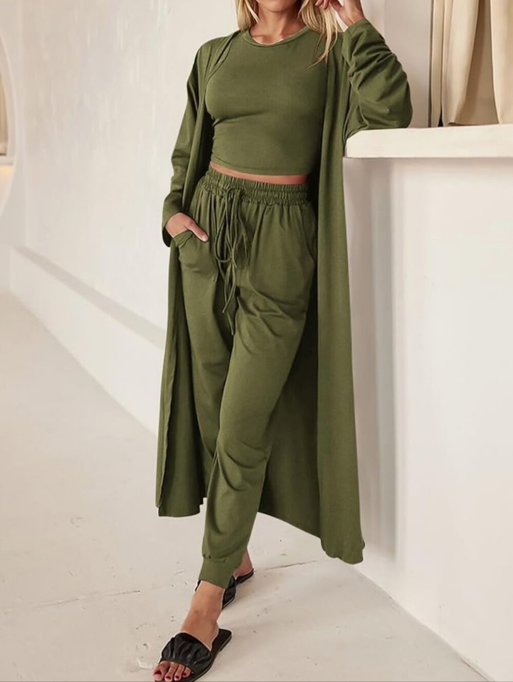 Olive Green Women's 3-Piece Lounge Jumpsuit Set - Picture 3 of 7
